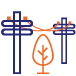  An icon for vegetation clearance depicting a tree between 2 power poles utilising a simple, outline-style aesthetic.