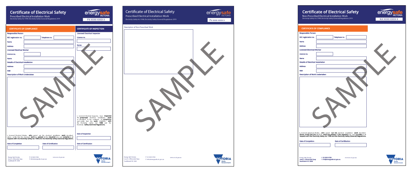 Three Images of Certificates of Electrical Safety forms with the word 'sample' across each one.