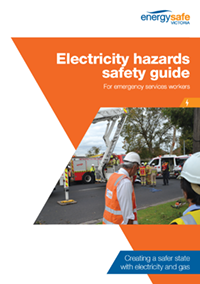 Cover image for the Electricity Hazards Safety Guide. Modern graphic design with a feature image of emergency workers responding to an electricity hazard on a road, with 