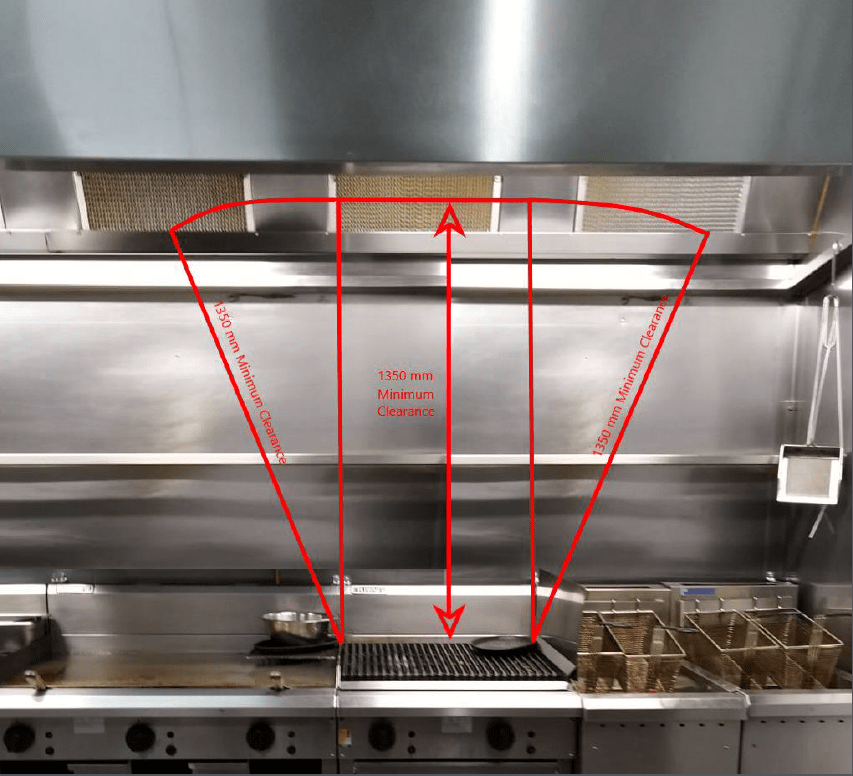 A photograph with a diagrammatic line drawing overlay, illustrating a measurement of clearances for overhead filters.