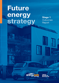 Cover for Energy Safe Victoria's Future Energy Strategy publication, featuring an image of a suburban residence overlayed with blue opaque graphic.