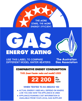 A Gas Energy Rating label, showing star shapes at the top to denote rating in a gas gauge-style graphical element. Beneath the star shapes reads 'Gas Energy Rating', with the Australian Gas Association logo (outline of Australia with a pilot light element) to the right of the text. Below is fine print and a bold white-on-red metric showing energy consumption for the device this label would be attached to.