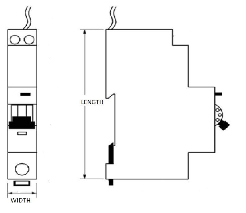 An RCBO diagram showing a front view and side view