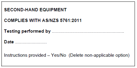 A simple text-based graphic of a second-hand equipment label, 