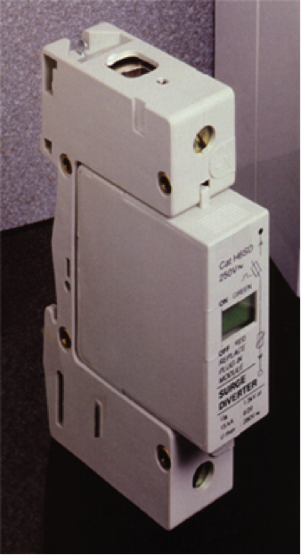 A photograph of a surge diverter, a piece of equipment made of white plastic in a semi-rectangular shape.