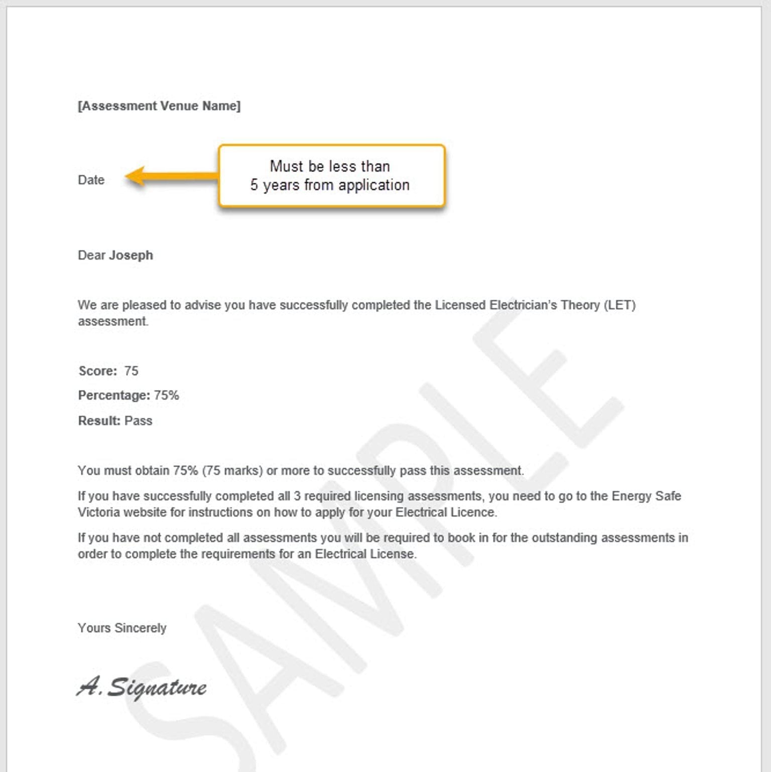 Sample letter - Licenced Electrician’s Theory