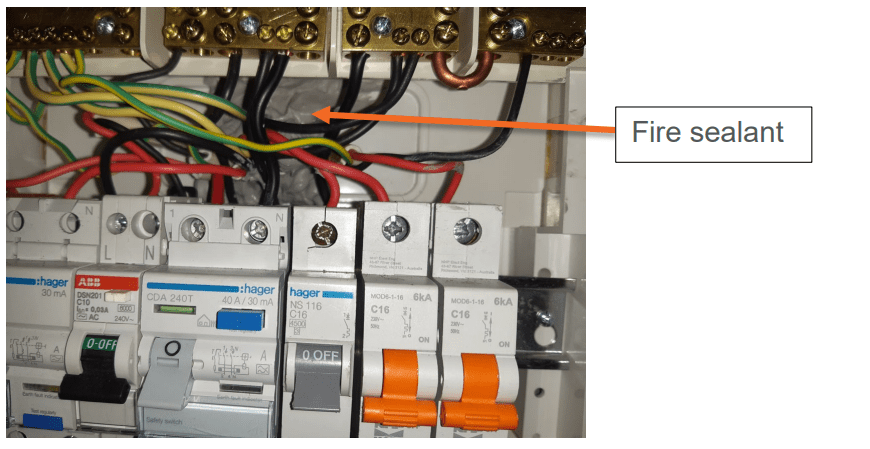 An image of a switchboard and wires, including fire sealant, with a graphic overlay of an arrow pointing to the sealant with the text 