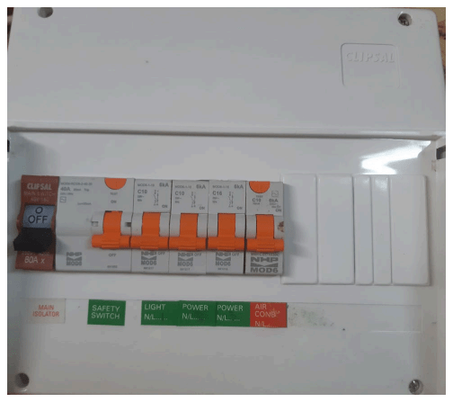 A photograph of a switchboard with correct labels for the switches.