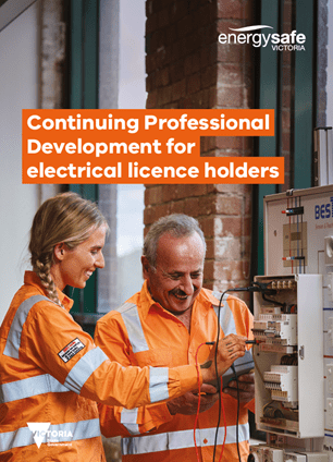 CPD brochure cover - electrical workers smiling working at a switchboard CPD brochure cover - electrical workers smiling working at a switchboard