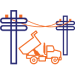 An illustration of a truck passing under two powerlines. The truck has its bed lifted, signifying danger for the driver and a lack of awareness of the powerlines.