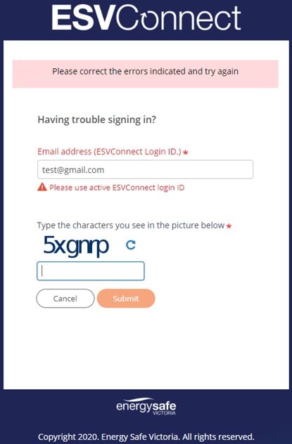 An error message from ESVConnect requesting an active login ID and a CAPTCHA message to test if you're a human