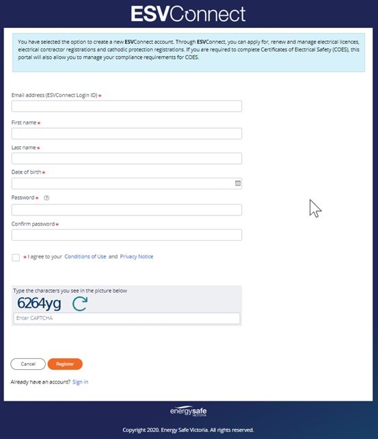 ESVConnect registration form to register a new account; includes 5 fields, a checkbox and a CAPTCHA field to test for bots