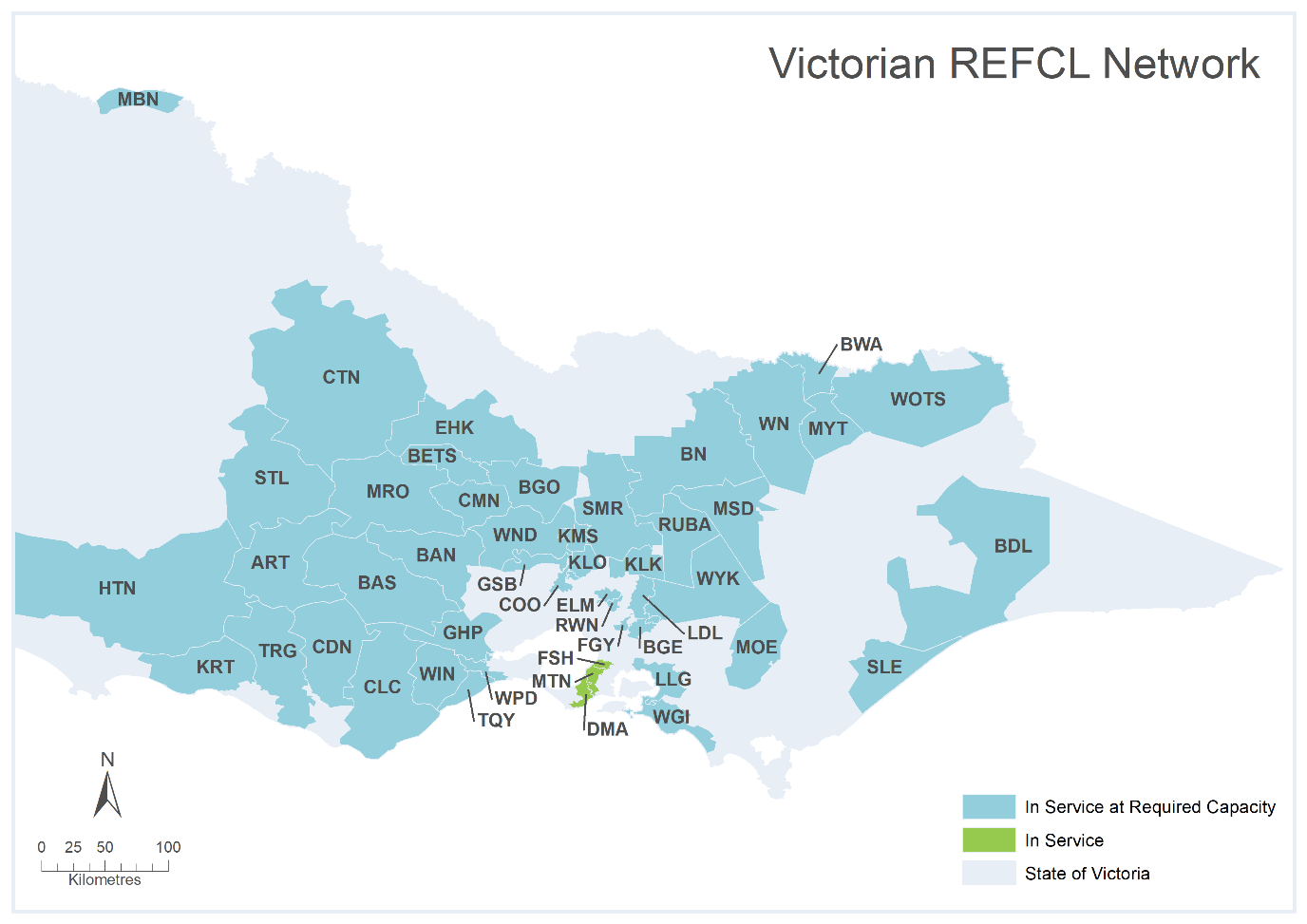 A map of Victoria showing the REFCL network, colour coded to denote program status.