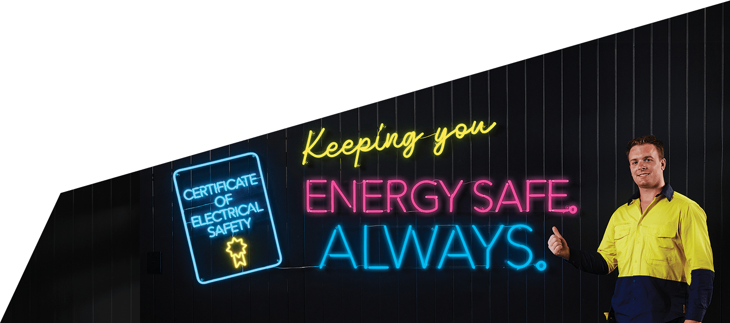 A photographic illustration of a tradesperson standing besides a COES in neon, with neon letters that say "keeping you energy safe. always."