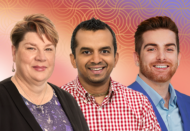 Three Energy Safe employees standing in front of a graphic background of warm colours.