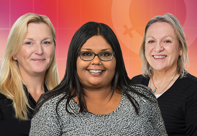 Three of Energy Safe's employees who identify as women on a war, sunset-hued graphic background.