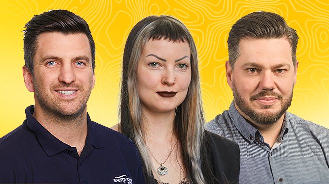 A photo of 3 Energy Safe employees on a yellow background