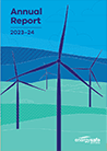 Energy Safe's annual report cover for 2023–24, depicting windmills on a green landscape in a simple vector illustration style.