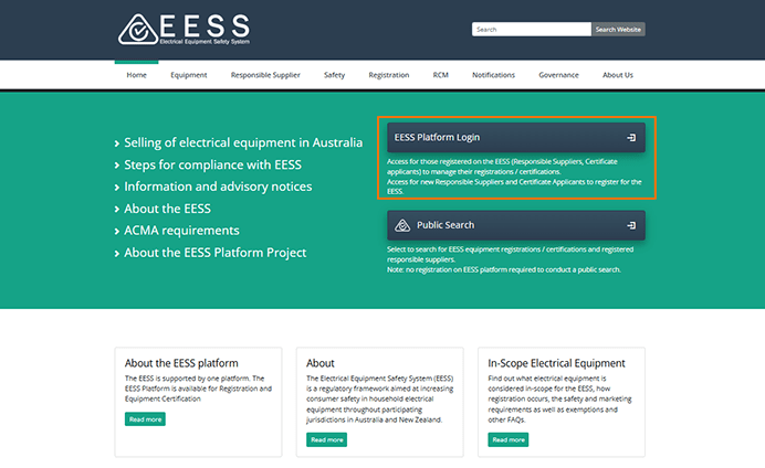 A screenshot of the EESS.gov.au with an orange rectangle outlining the 'platform login' link.