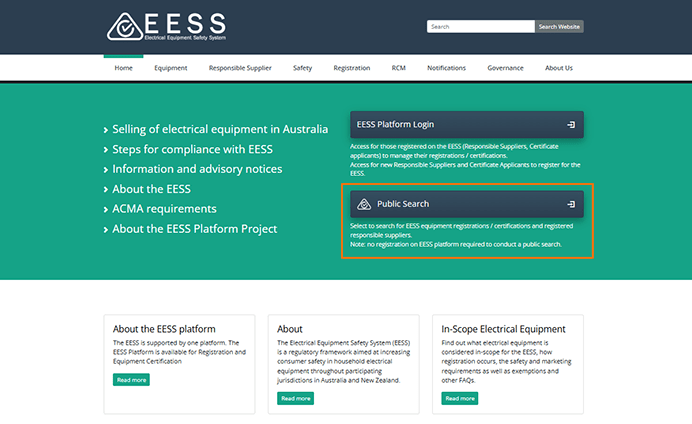 A screenshot of the EESS.gov.au website with an orange rectangle outlining 'Public Search'.