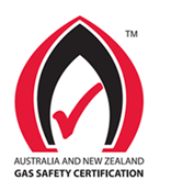 A Gas Compliance Mark, depicting a gas pilot flame with a check mark inside of it; a simple black and red graphic with a note that it signifies a 'gas safety certificate'.