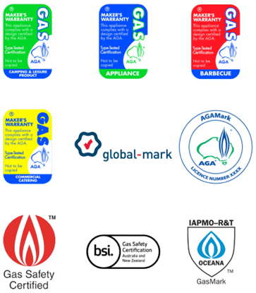 Nine gas compliance marks of varying types. All are graphics conveying that the appliance has met specific requirements.