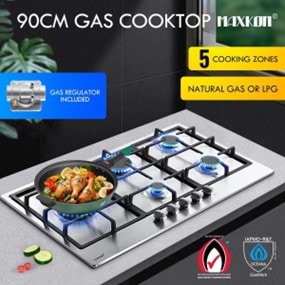 A photograph of a gas cooktop with graphic overlay of information and Gas Compliance Marks.