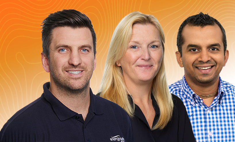 A photograph of three Energy Safe employees on an orange background.