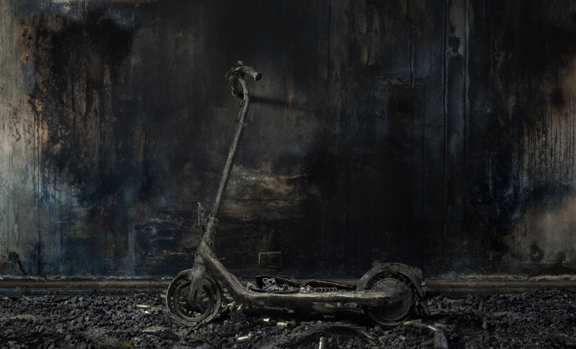 Aftermath of a lithium-ion battery fire with an e-scooter Aftermath of a lithium-ion battery fire